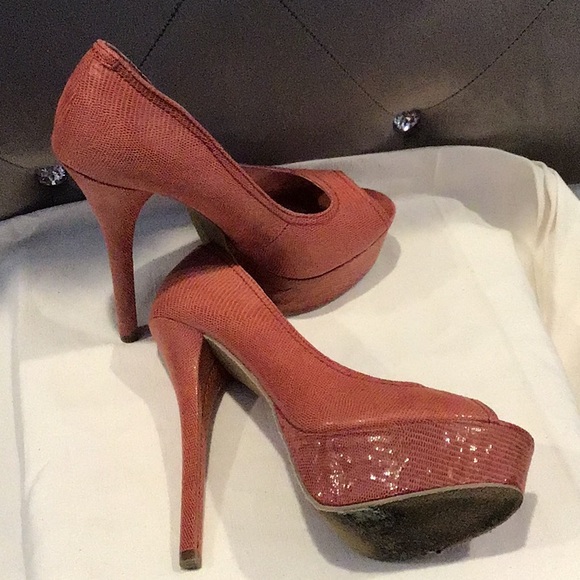 JustFab Coral Peep Toe Platform Stilettos - Picture 2 of 7
